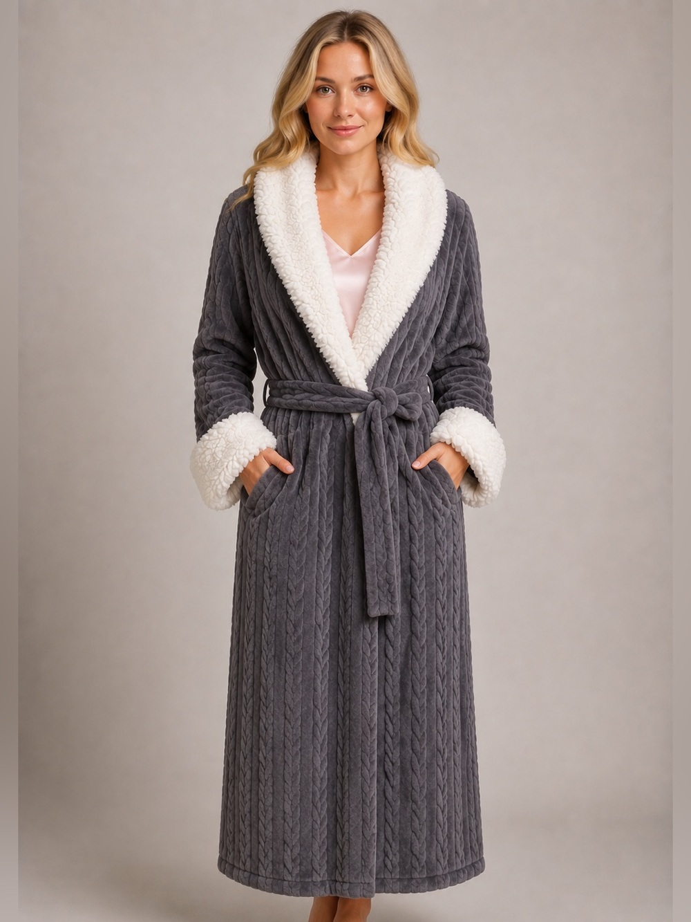 Liz Claiborne Gray Cable Knit Plush Fleece Sherpa Trim Shawl Collar Robe EUC Med
